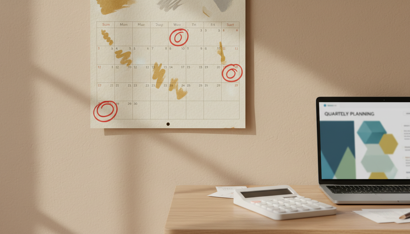 Calendario con fechas marcadas junto a un escritorio con portátil y calculadora