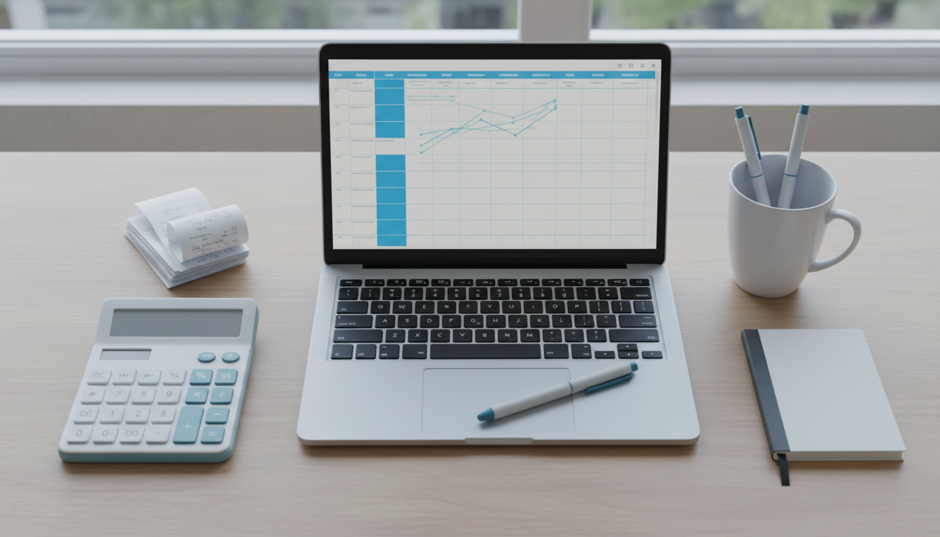 Calculadora, tickets y portátil para preparar la declaración trimestral del IVA