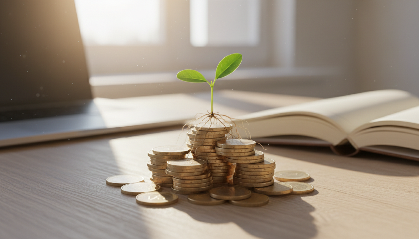 Brote de una planta sobre un montón de monedas de euro, símbolo de un negocio que empieza